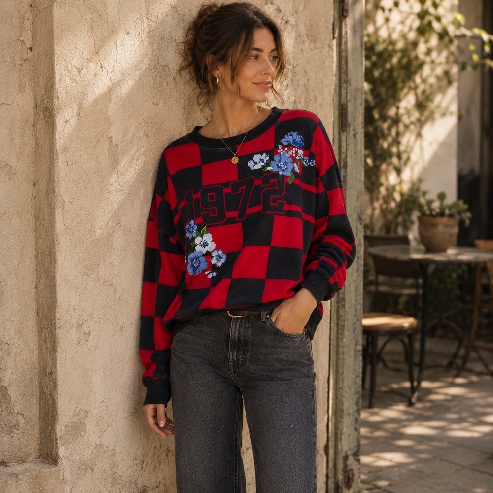 Maeve Anthropologie Red Black Checker Floral Sweatshirt Indie Medium‎